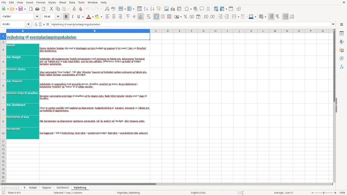 Skærmbillede 4: fanen Vejledning - Excel-skabelon eventplanlægning excel skabelon
