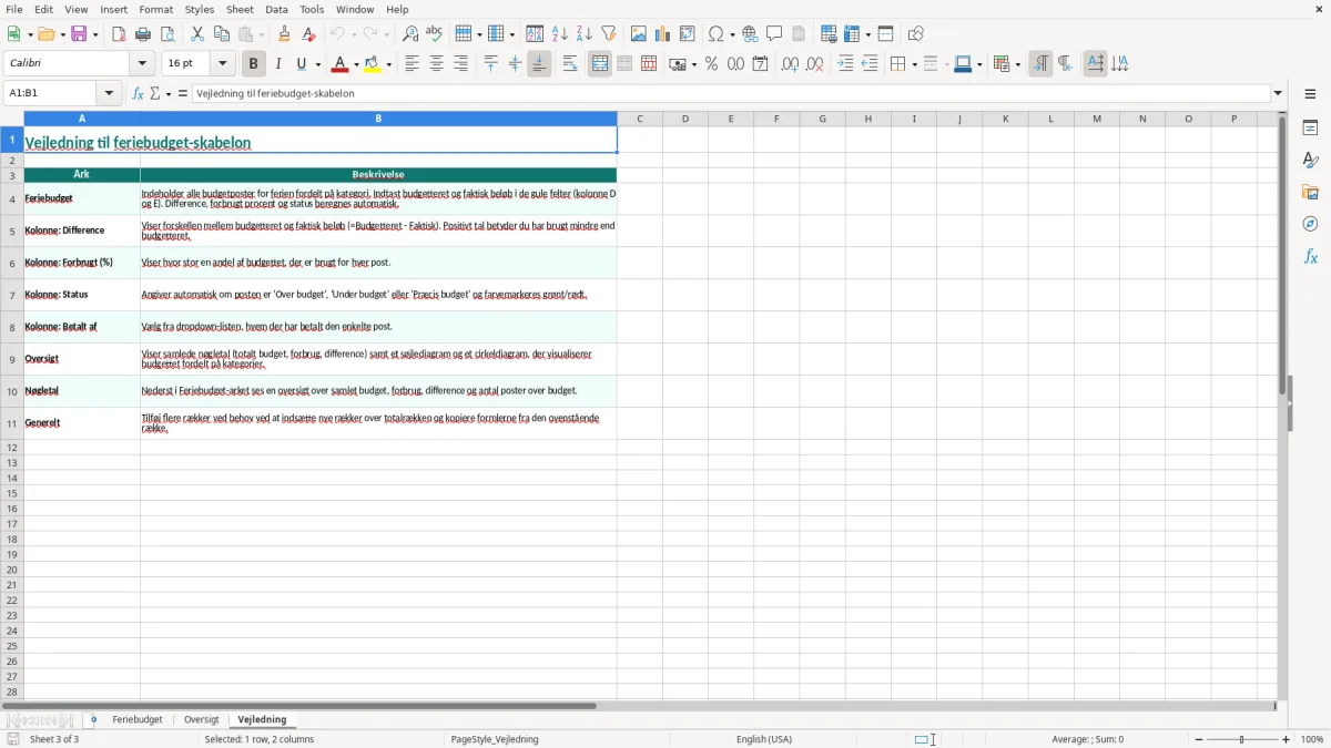 Skærmbillede 3: fanen Vejledning - Excel-skabelon feriebudget excel skabelon