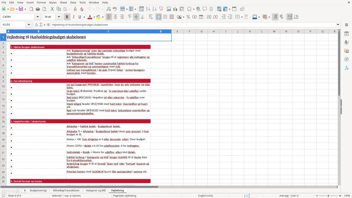 Skærmbillede 4: fanen Vejledning - Excel-skabelon husholdningsbudget excel skabelon