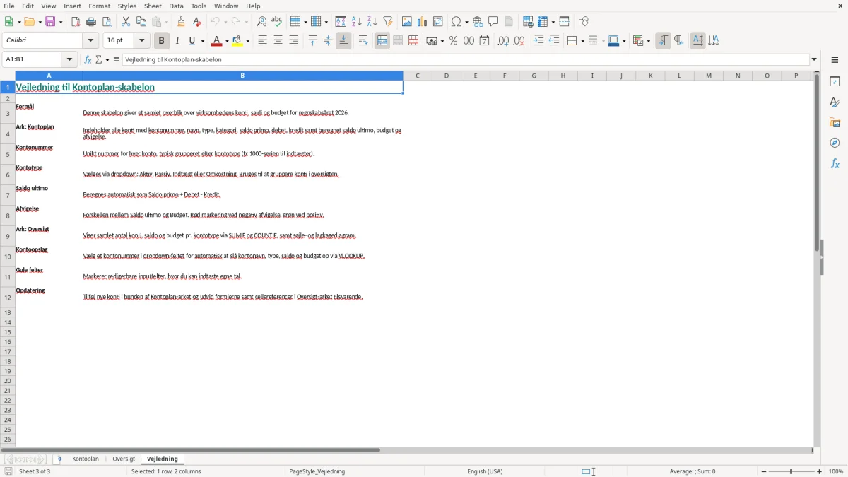 Skærmbillede 3: fanen Vejledning - Excel-skabelon kontoplan excel skabelon