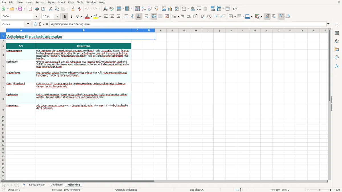 Skærmbillede 3: fanen Vejledning - Excel-skabelon markedsføringsplan excel skabelon