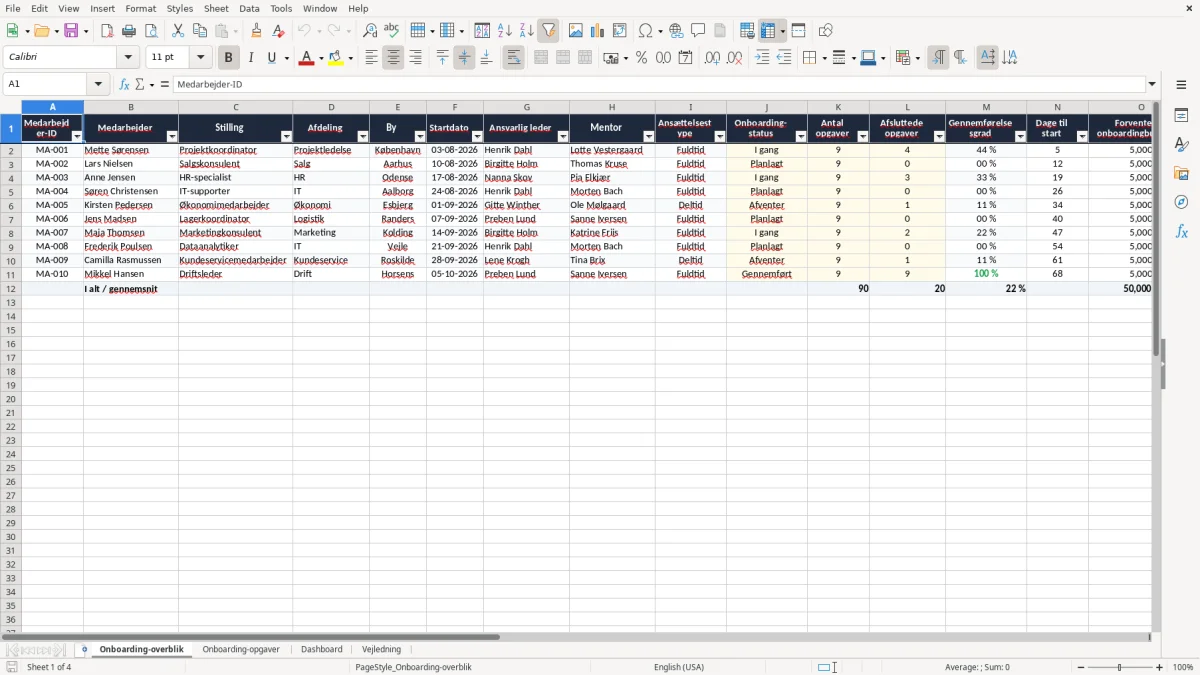 Skærmbillede 1: fanen Onboarding-overblik - Excel-skabelon onboarding excel skabelon