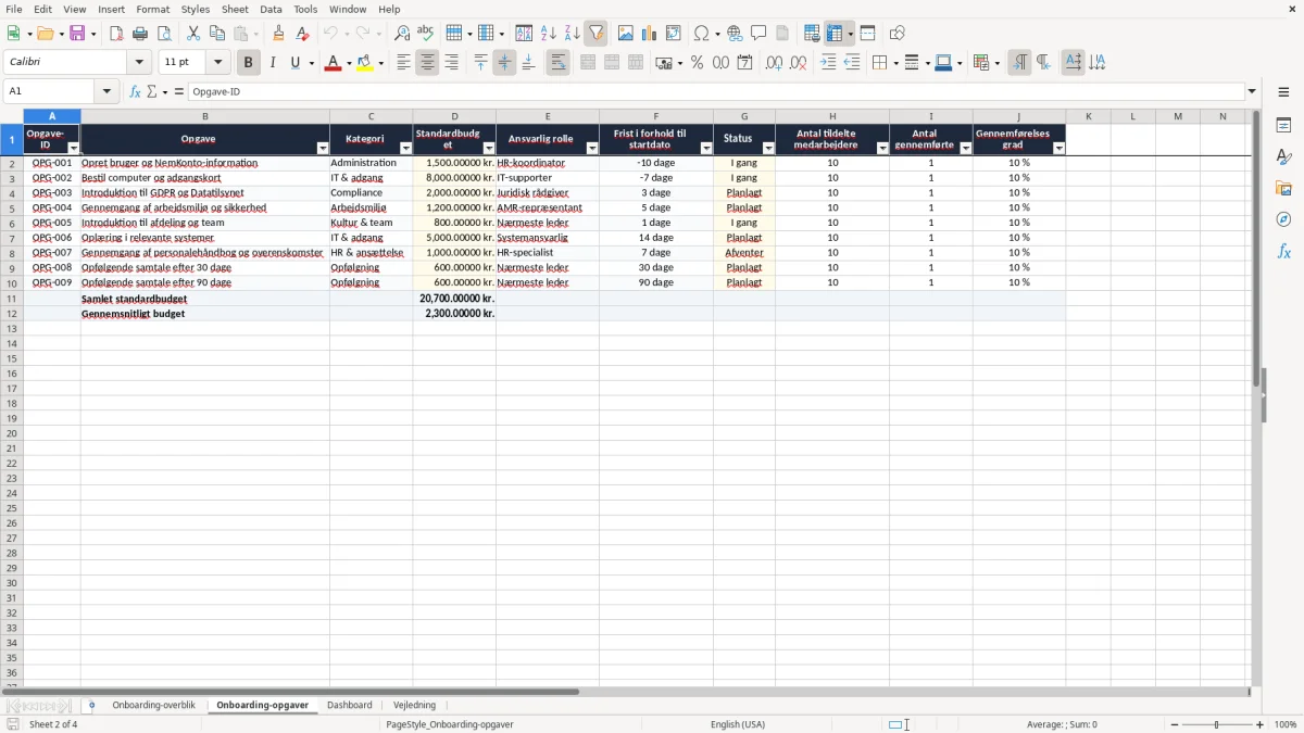 Skærmbillede 2: fanen Onboarding-opgaver - Excel-skabelon onboarding excel skabelon