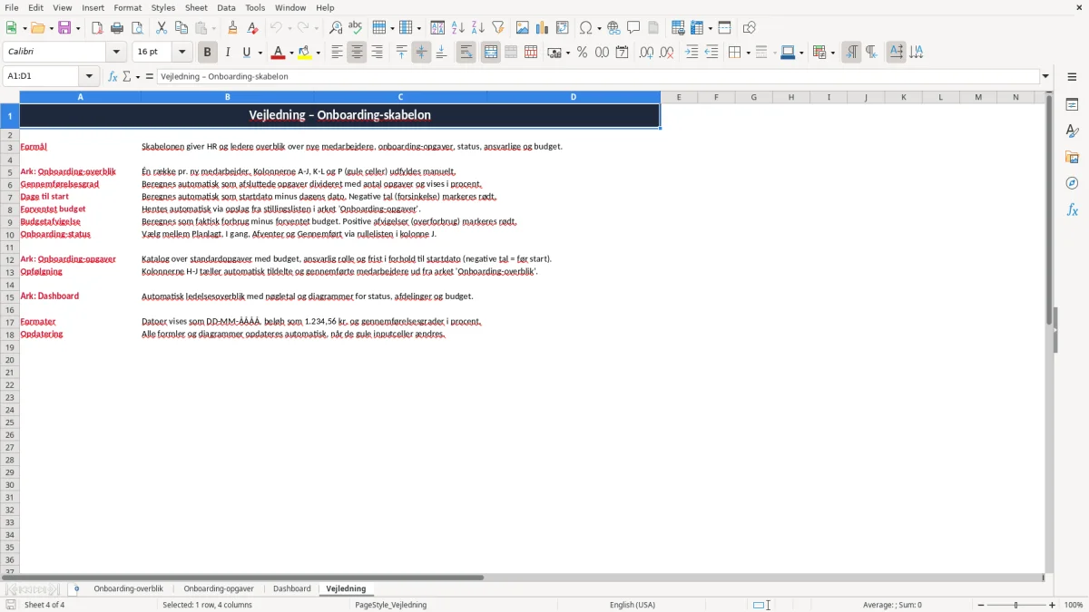 Skærmbillede 4: fanen Vejledning - Excel-skabelon onboarding excel skabelon