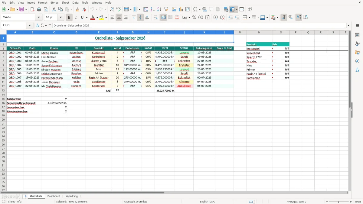 Skærmbillede 1: fanen Ordreliste - Excel-skabelon ordreliste excel skabelon