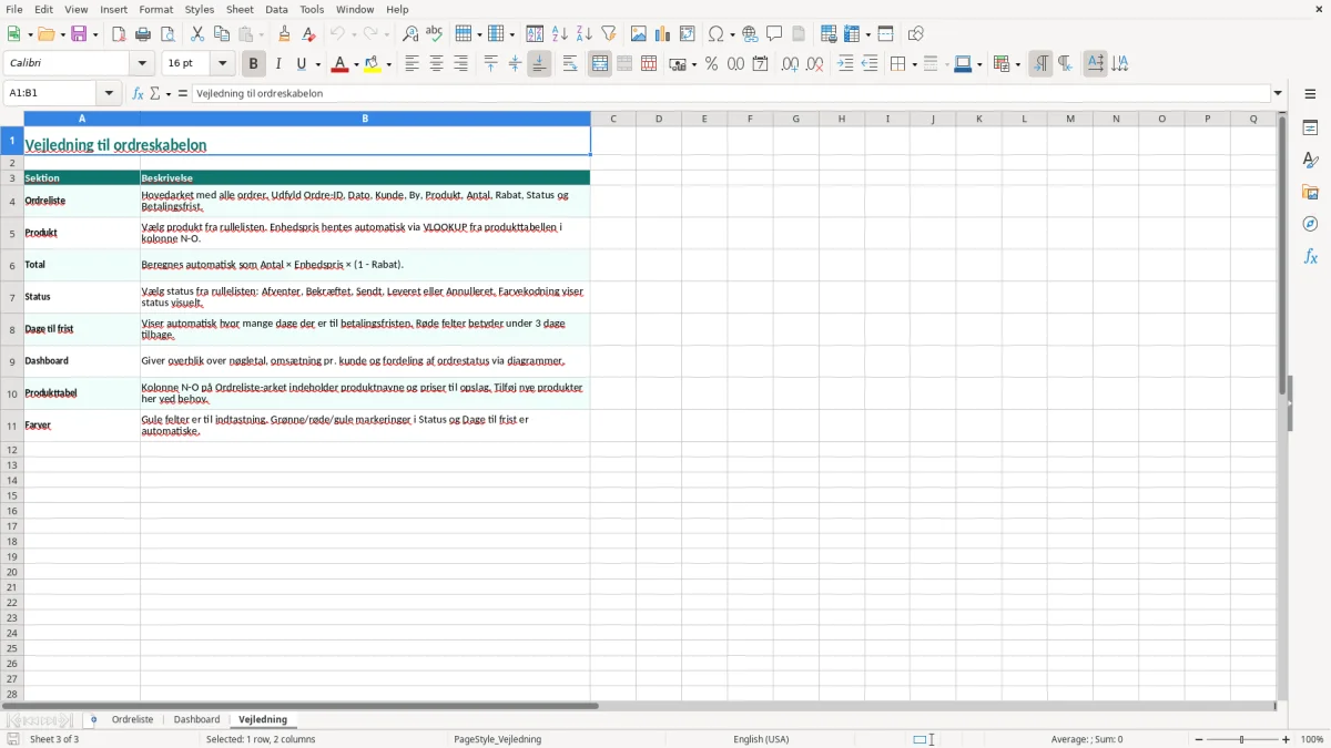 Skærmbillede 3: fanen Vejledning - Excel-skabelon ordreliste excel skabelon
