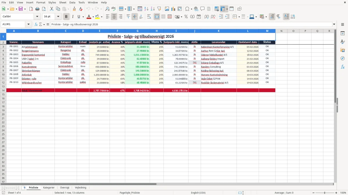 Skærmbillede 1: fanen Prisliste - Excel-skabelon prisliste excel skabelon