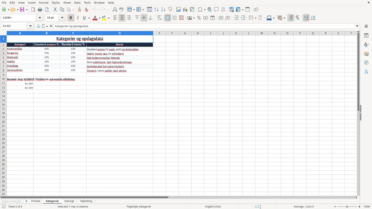 Skærmbillede 2: fanen Kategorier - Excel-skabelon prisliste excel skabelon