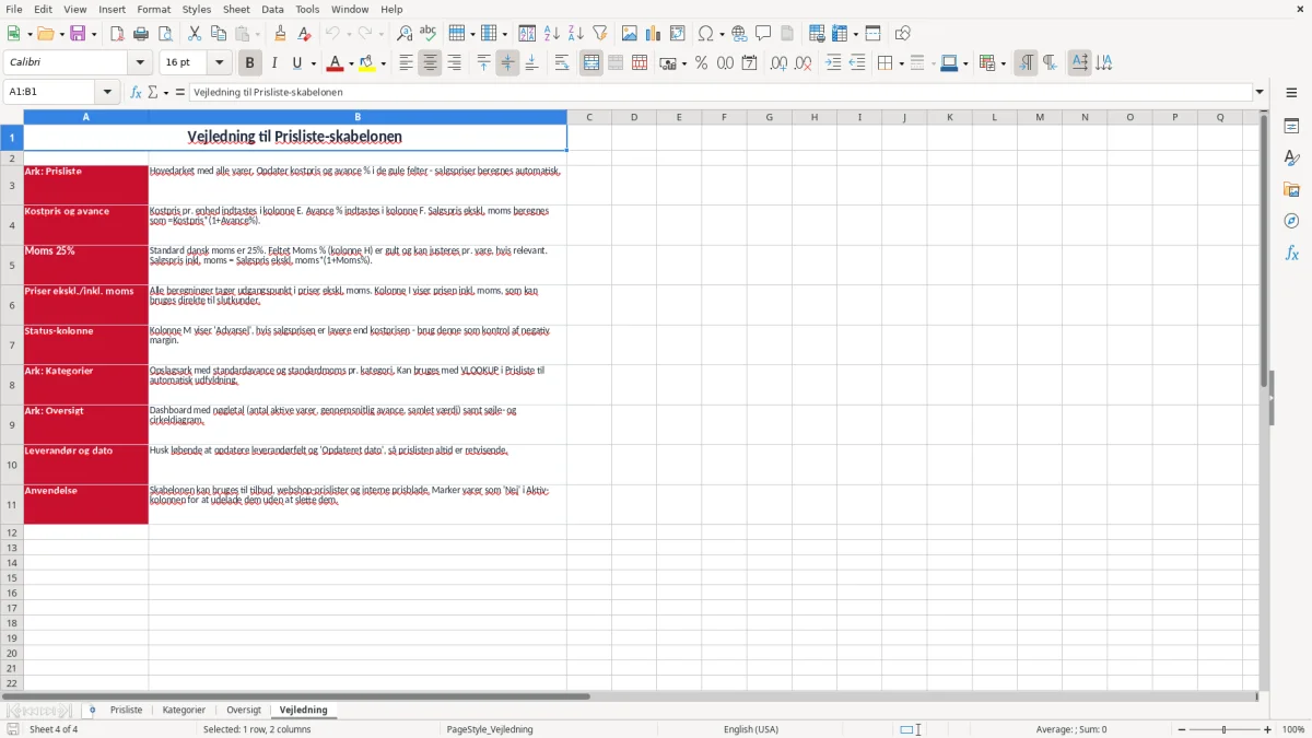 Skærmbillede 4: fanen Vejledning - Excel-skabelon prisliste excel skabelon