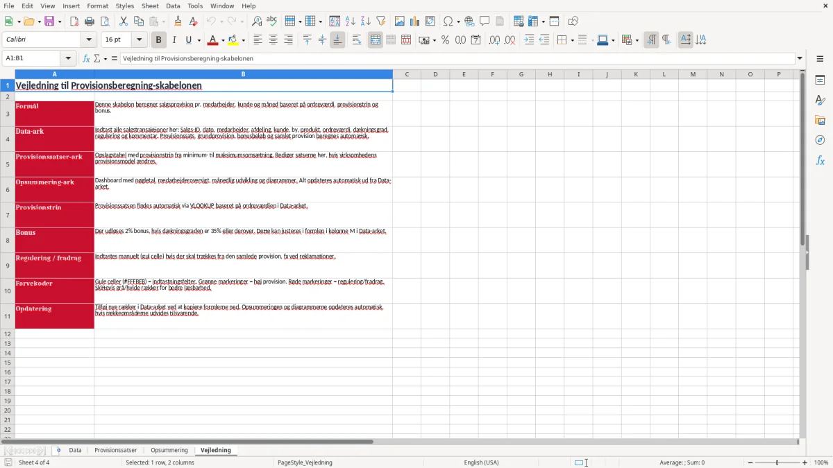 Skærmbillede 4: fanen Vejledning - Excel-skabelon provisionsberegning excel skabelon