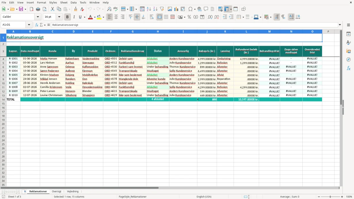 Skærmbillede 1: fanen Reklamationer - Excel-skabelon reklamationsoversigt excel skabelon