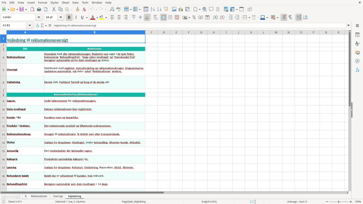 Skærmbillede 3: fanen Vejledning - Excel-skabelon reklamationsoversigt excel skabelon
