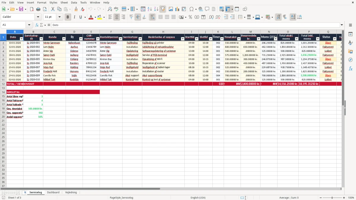 Skærmbillede 1: fanen Servicelog - Excel-skabelon servicelog excel skabelon