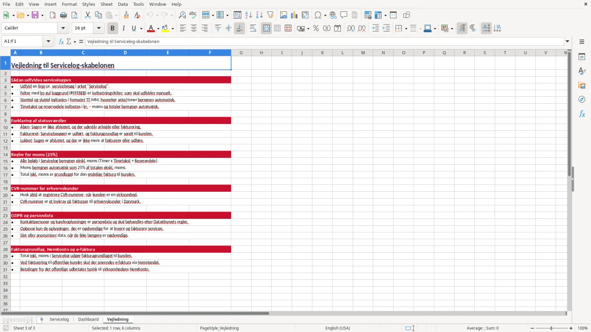 Skærmbillede 3: fanen Vejledning - Excel-skabelon servicelog excel skabelon