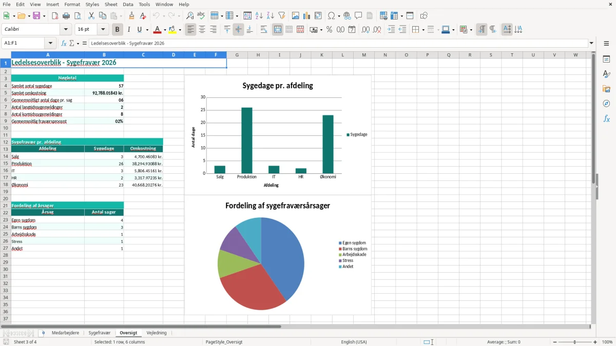 Skærmbillede 3: fanen Oversigt - Excel-skabelon sygefravær excel skabelon