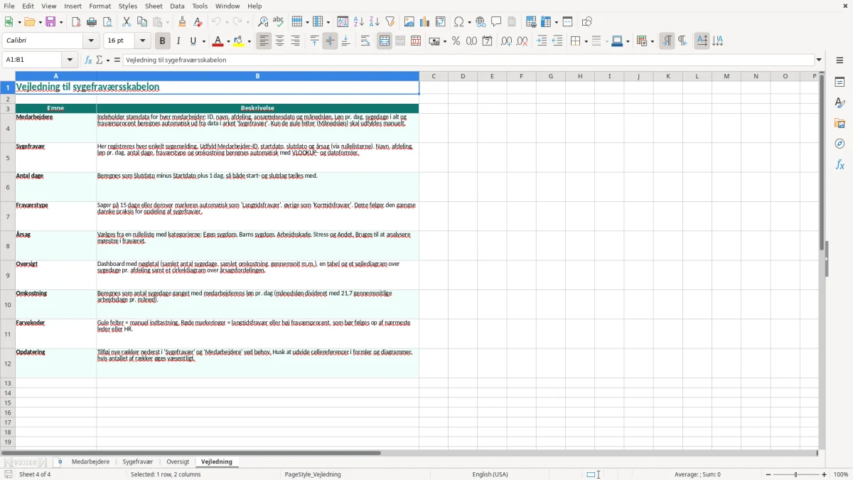 Skærmbillede 4: fanen Vejledning - Excel-skabelon sygefravær excel skabelon