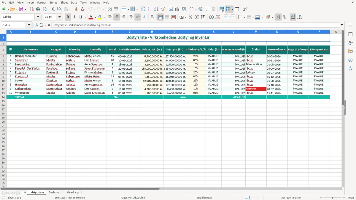 Skærmbillede 1: fanen Udstyrsliste - Excel-skabelon udstyrsliste excel skabelon