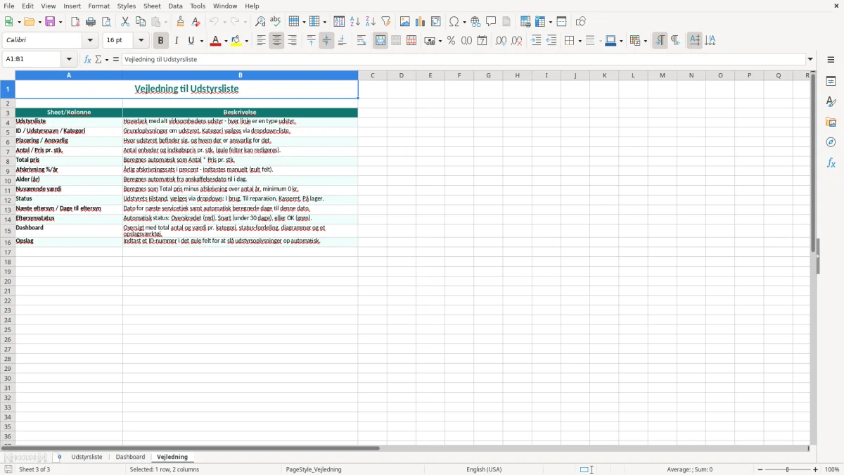 Skærmbillede 3: fanen Vejledning - Excel-skabelon udstyrsliste excel skabelon