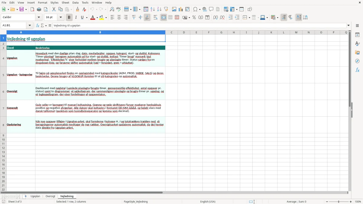 Skærmbillede 3: fanen Vejledning - Excel-skabelon ugeplan excel skabelon