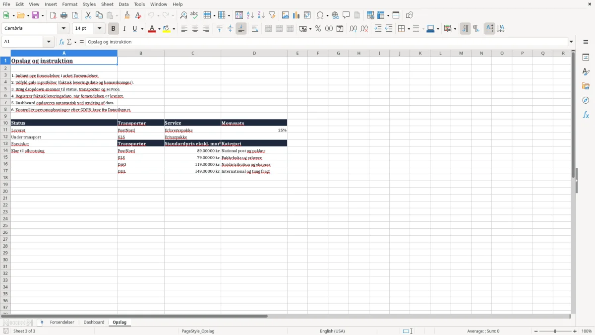 Skærmbillede 3: fanen Opslag - Excel-skabelon forsendelsesoversigt excel skabelon