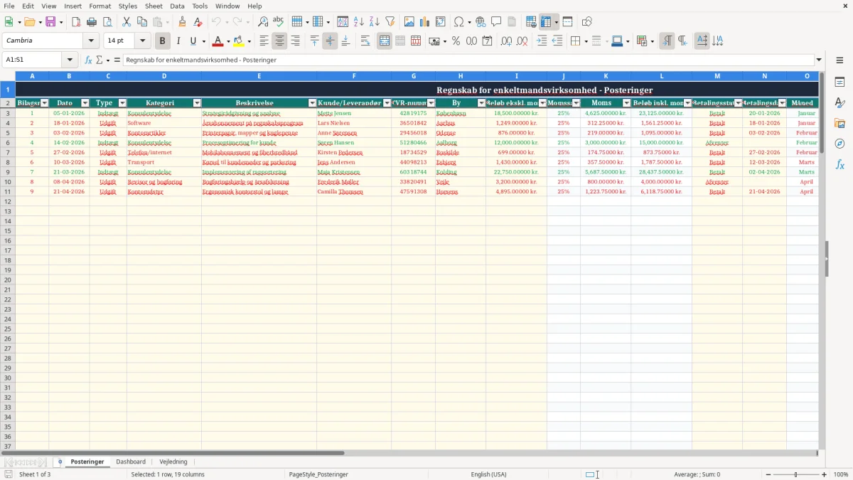 Skærmbillede 1: fanen Posteringer - Excel-skabelon regnskab enkeltmandsvirksomhed excel