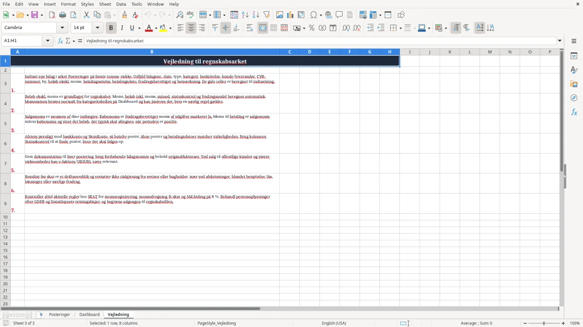 Skærmbillede 3: fanen Vejledning - Excel-skabelon regnskab enkeltmandsvirksomhed excel