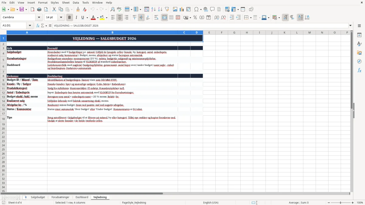 Skærmbillede 4: fanen Vejledning - Excel-skabelon salgsbudget excel skabelon