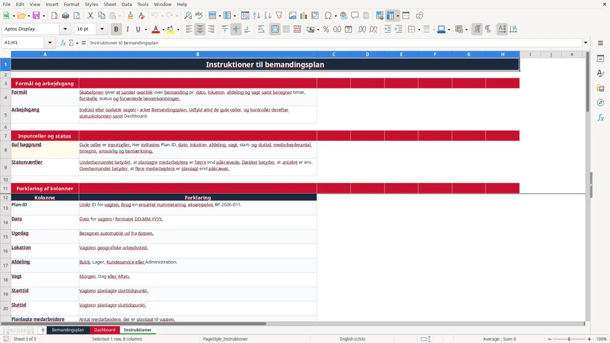 Skærmbillede 3: fanen Instruktioner - Excel-skabelon bemandingsplan excel skabelon