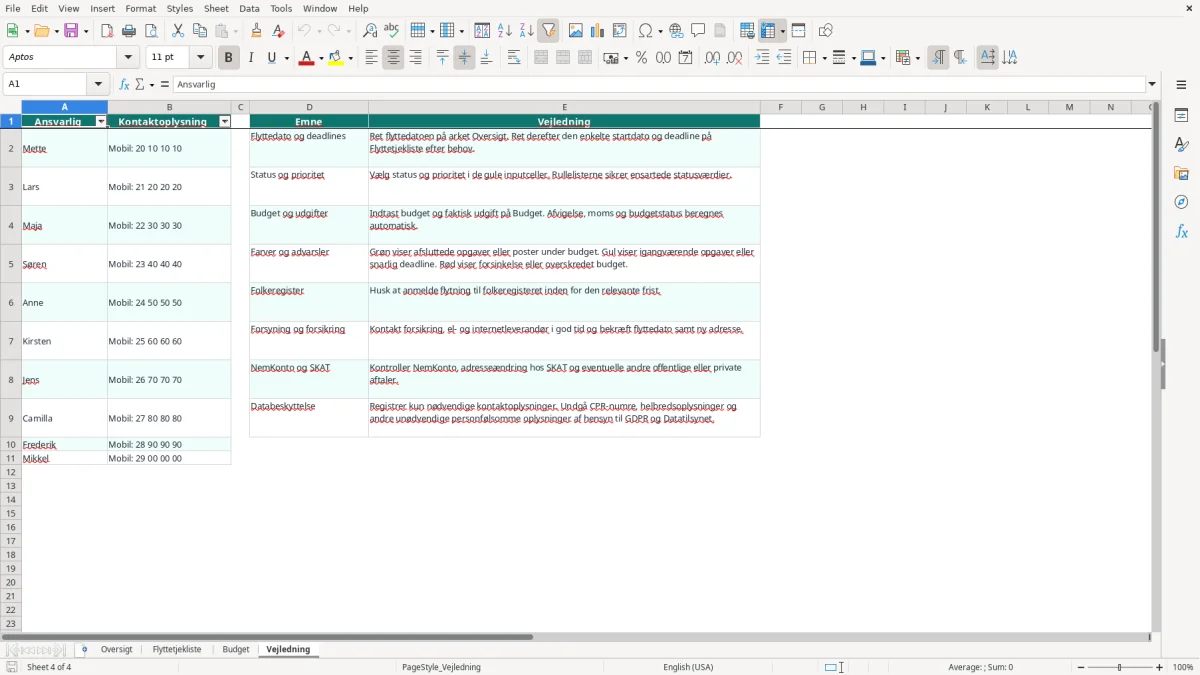 Skærmbillede 4: fanen Vejledning - Excel-skabelon flyttetjekliste excel skabelon