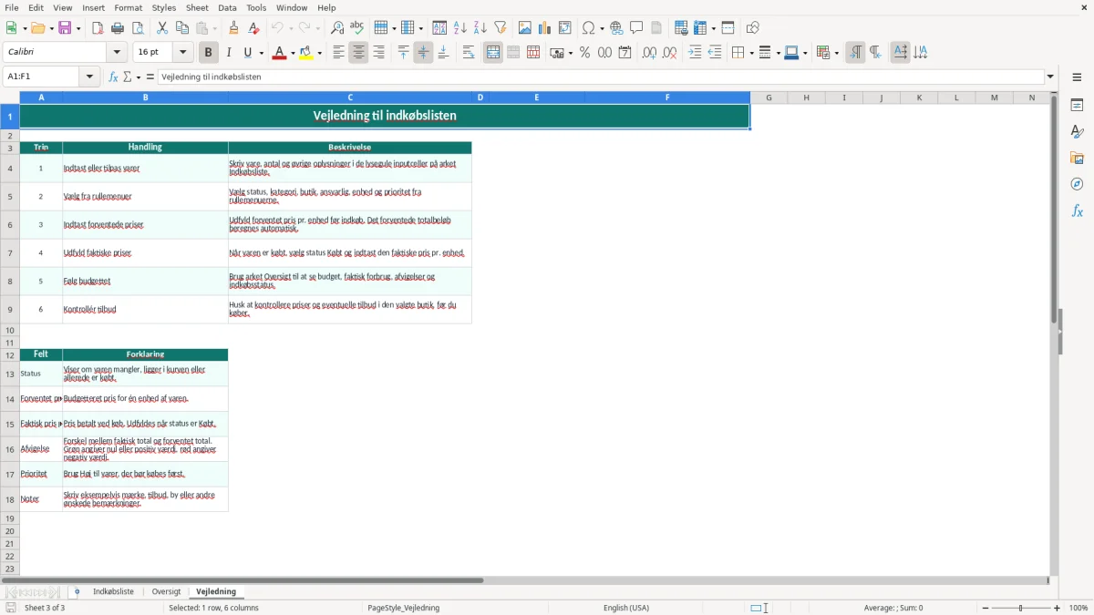 Skærmbillede 3: fanen Vejledning - Excel-skabelon indkøbsliste excel skabelon