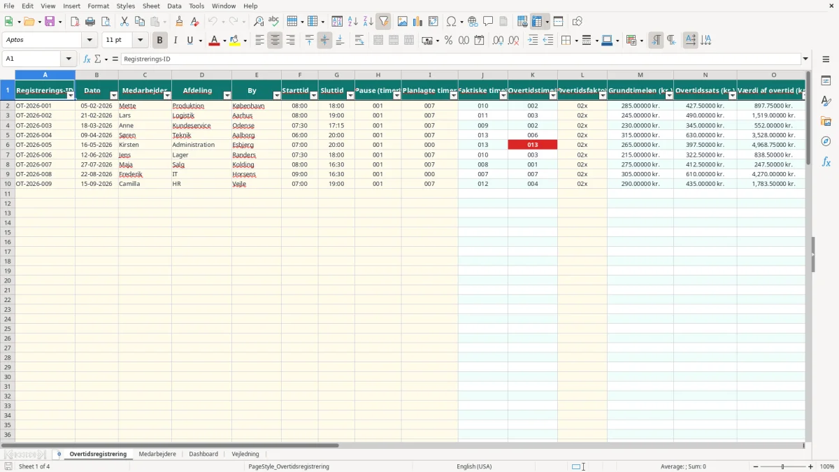 Skærmbillede 1: fanen Overtidsregistrering - Excel-skabelon overtidsregistrering excel skabelon