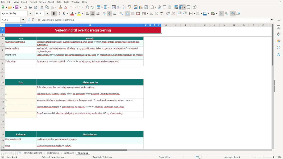 Skærmbillede 4: fanen Vejledning - Excel-skabelon overtidsregistrering excel skabelon