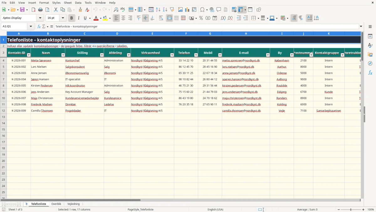 Skærmbillede 1: fanen Telefonliste - Excel-skabelon telefonliste excel skabelon
